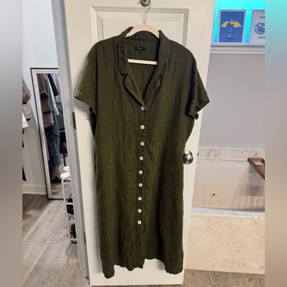 Quince Olive Green Linen Midi Dress
